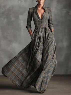Modesees Grey Sophisticated Tartan-Patterned Linen-Blend Flared Maxi Dress